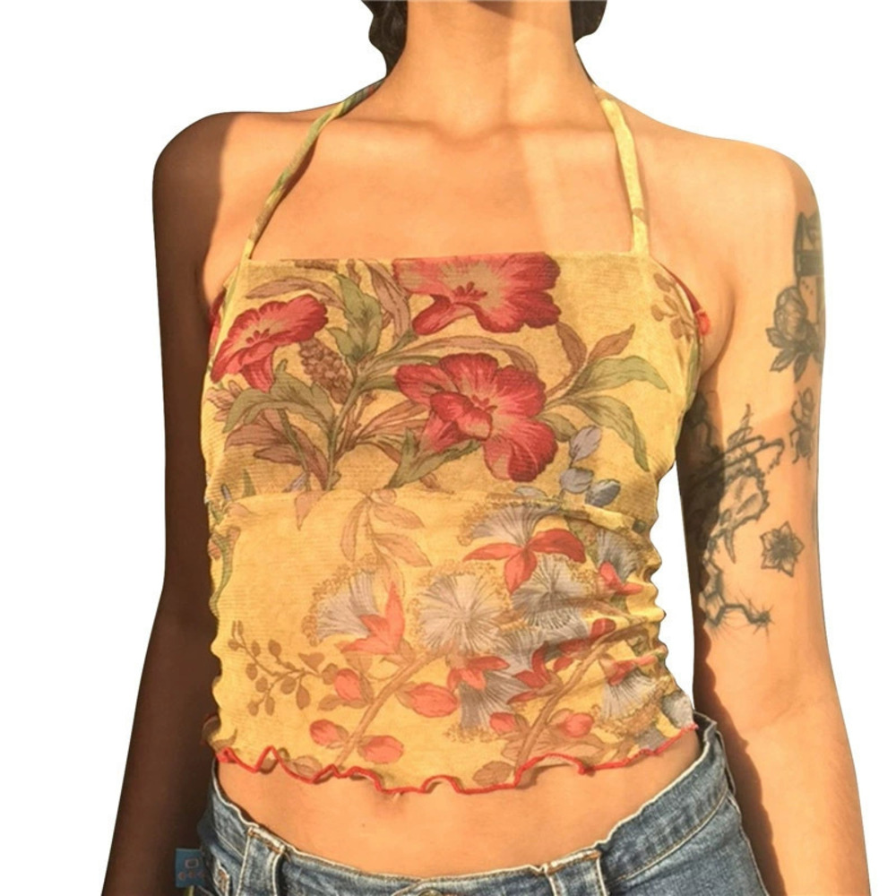 ZARA Floral Print Mesh Sexy Slimming Cross Neck Backless Camisole for Women